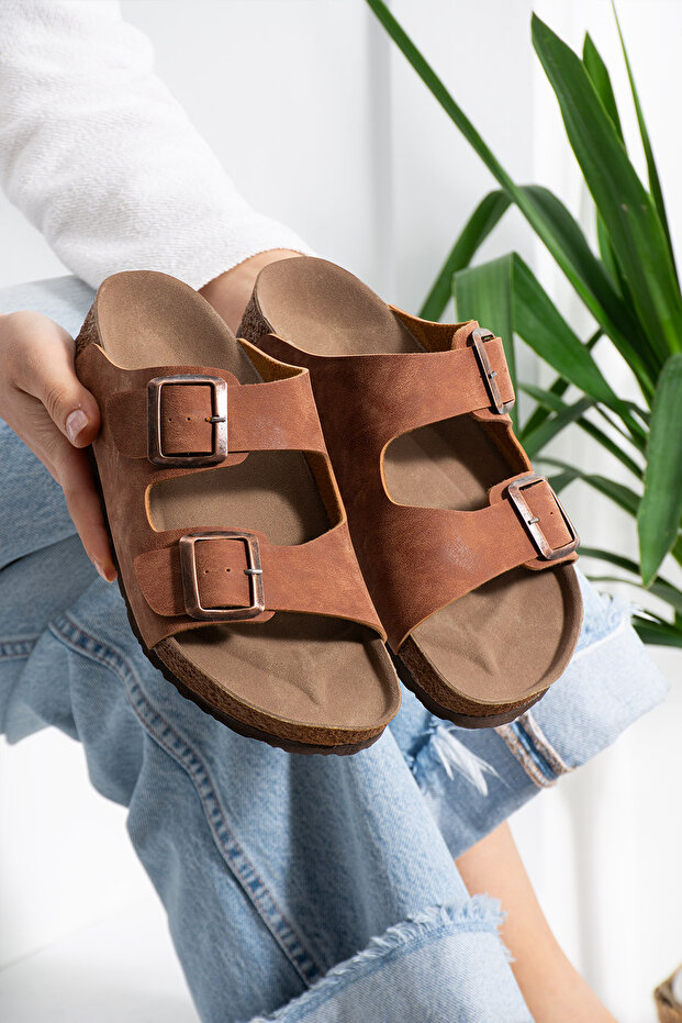 Lorvena Women's Tan Double Buckle Adjustable Strap Anatomical Sole Flat Slippers