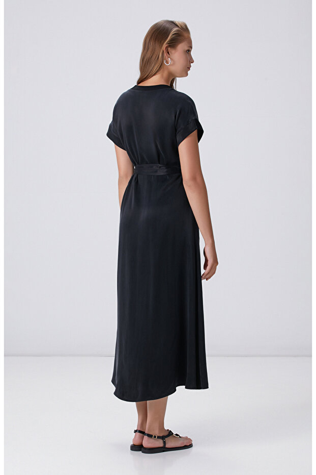 Siyah Cupro Elbise - 5