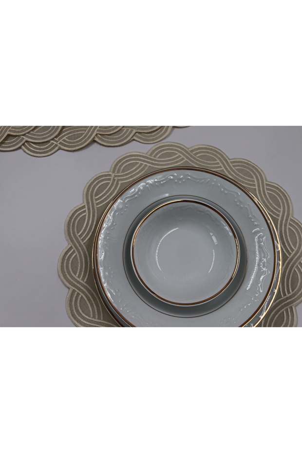 Beige Color Round Embroidered American Service Set, Plate Mat, Supla, Set of 6