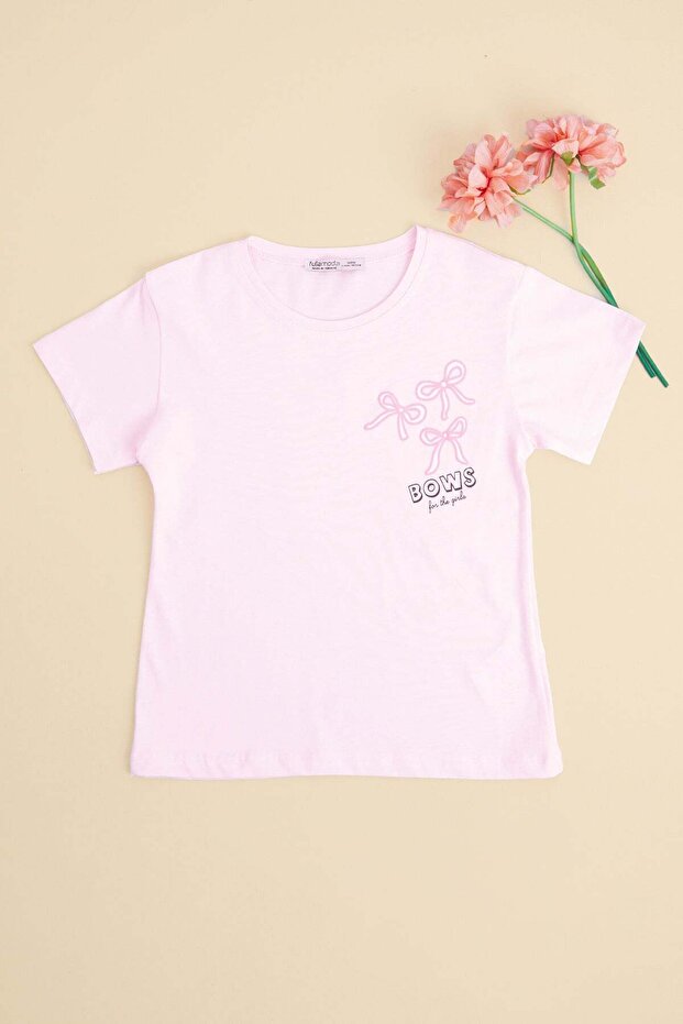 Bow Embroidered Crew Neck Girls' T-Shirt