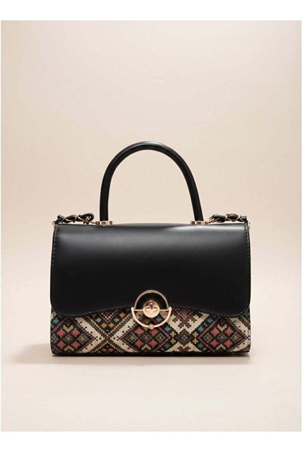 Black Women’s Handbag – Smooth Finish with Patterned Fabric Panel, Structured Top Handle