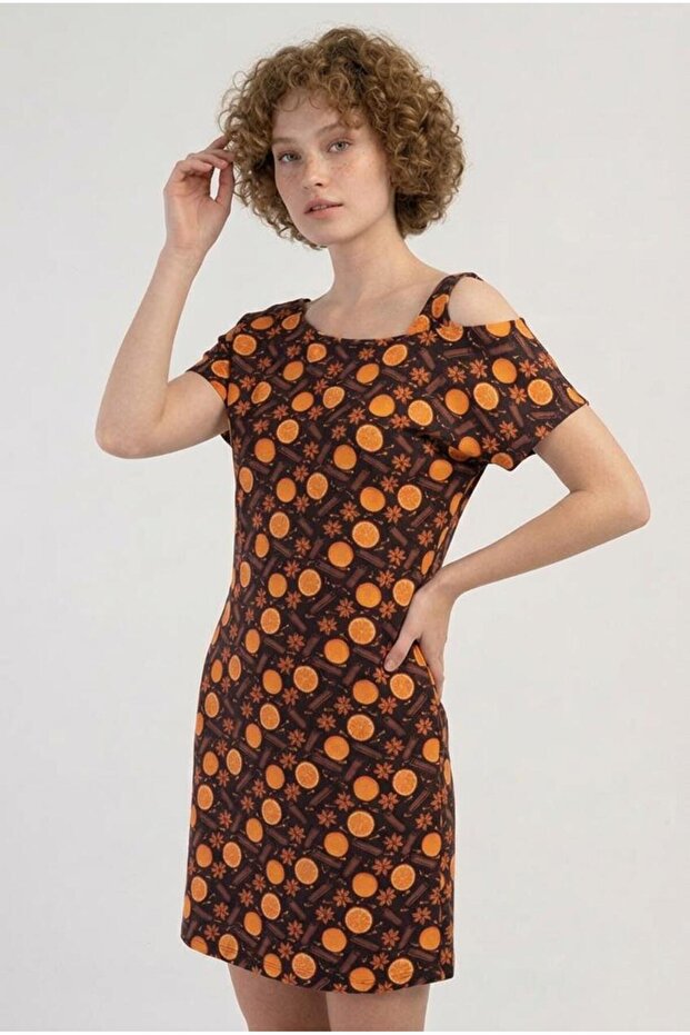 One-Shoulder Detailed Cotton Women's Nightgown – Patterned Comfortable Home Nightgown C8T5N3O804