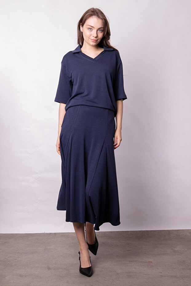 Women's Soft Textured Stretchy Fabric V-Neck Collar Off Shoulder Elbow Length Sleeves Oversize Blouse-Navy Blue