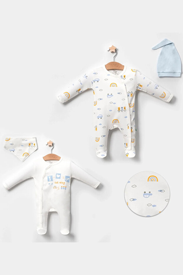 Blue 4-Piece Baby Boy Rompers with Car Pattern