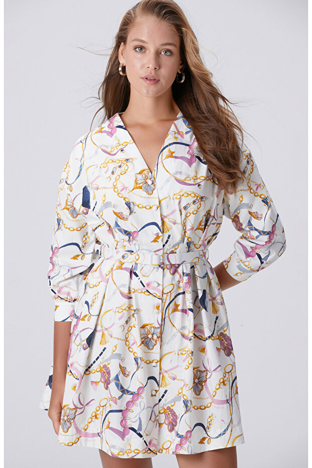 Renkli Desenli Mini Elbise - 1