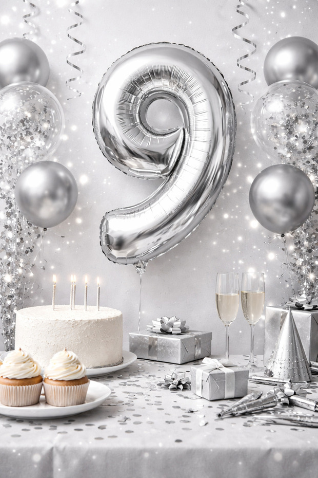 Silver Number 9 Foil Balloon (40X100 cm) – Stylish Birthday & Party Decoration