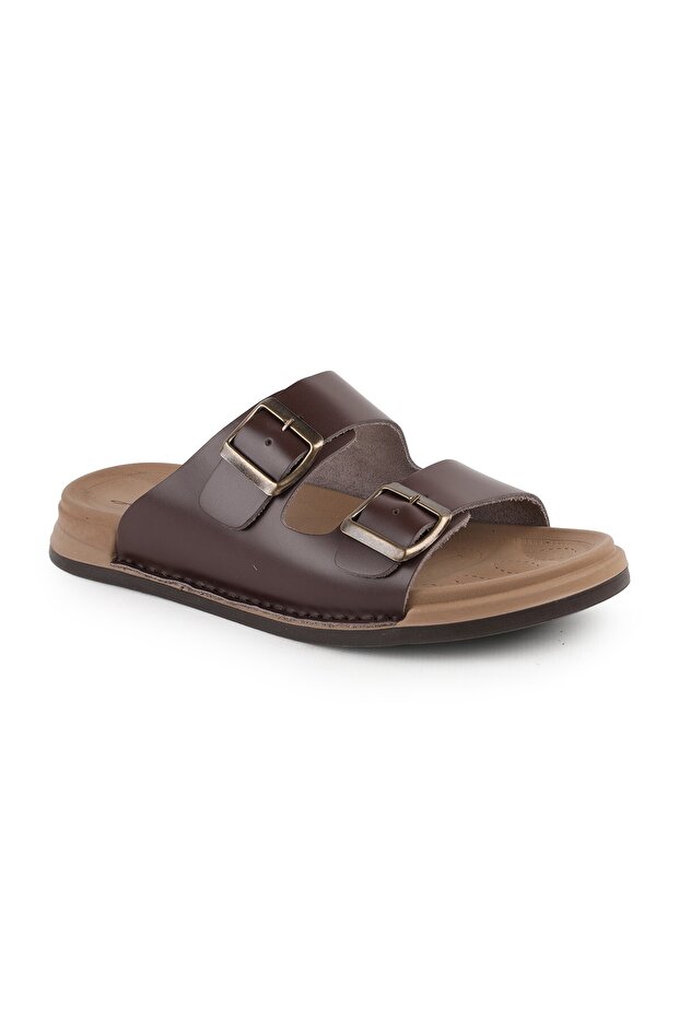 L014.251 Genuine Antique Leather Adjustable Buckle Anatomical Ultra Light Eva Sole Men's Slippers