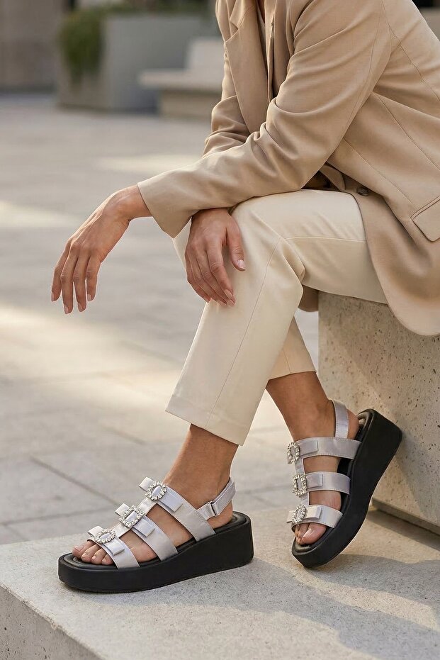 Dolly Original Kri̇stebell Imported Special Series Bow Stone Detail Women's Sandals Gray