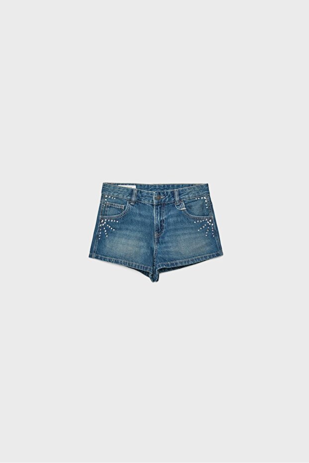 Zımba detaylı mini denim şort - 6