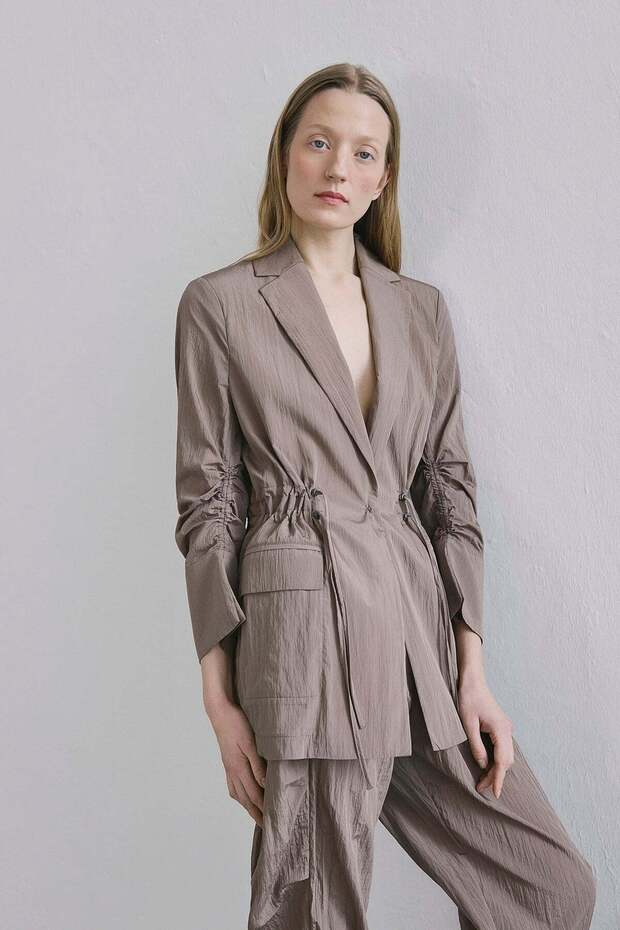 Camel Jacket with Front Pockets and Drawstring Detail