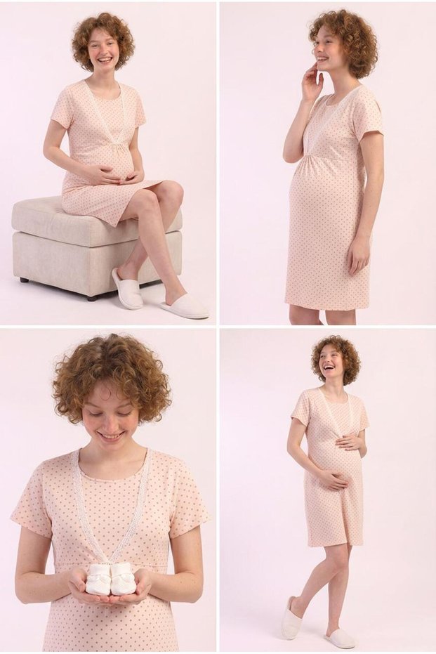 Cotton Women's Lace Robe Short Sleeve Maternity Nightgown – Baby Pink C0T1N0O905