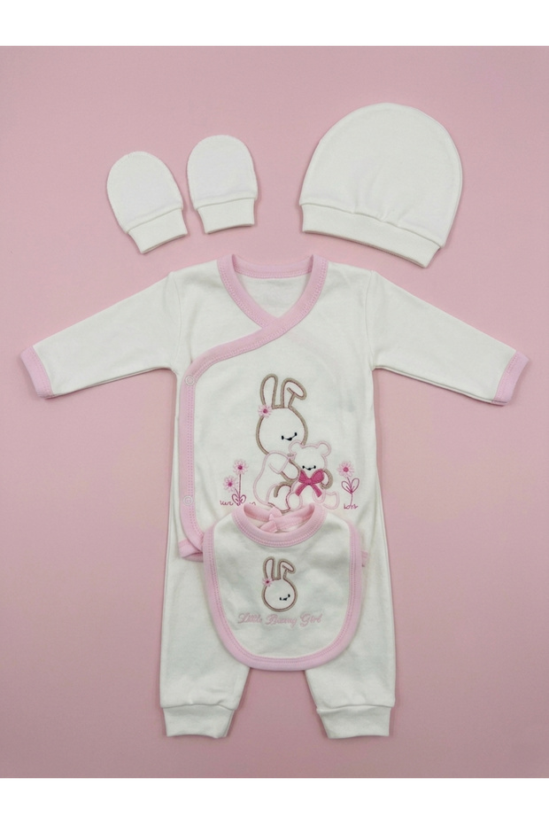 Newborn Baby Girl 5-Piece Hospital Discharge Set - 100% Cotton Top and Bottom with Rabbit Pattern