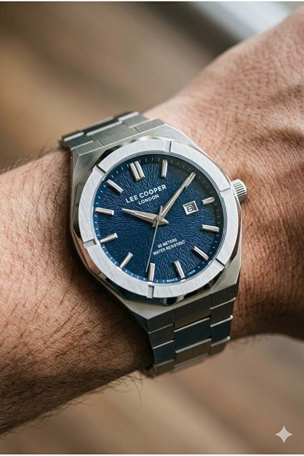 Silver Round Case Men's Wristwatch | 45mm Steel Case, Silver Steel Band, Blue Dial