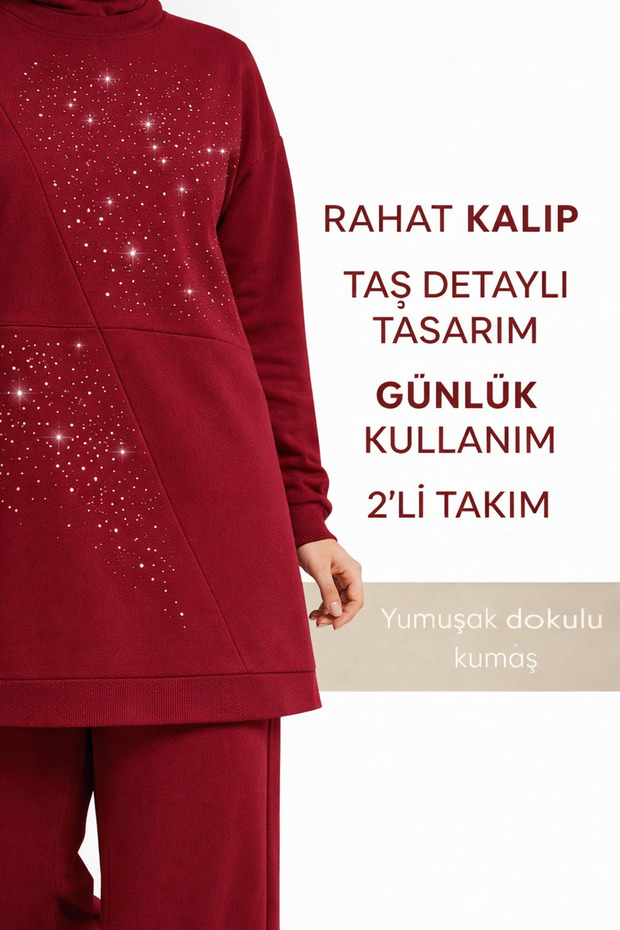 Günpa 62703-26 Stone Detailed Hijab Double Set Comfortable Fit Daily Stylish Women's Tunic Pocketed Trousers