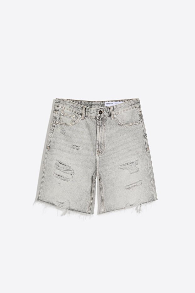 Distressed denim bermuda şort - 4