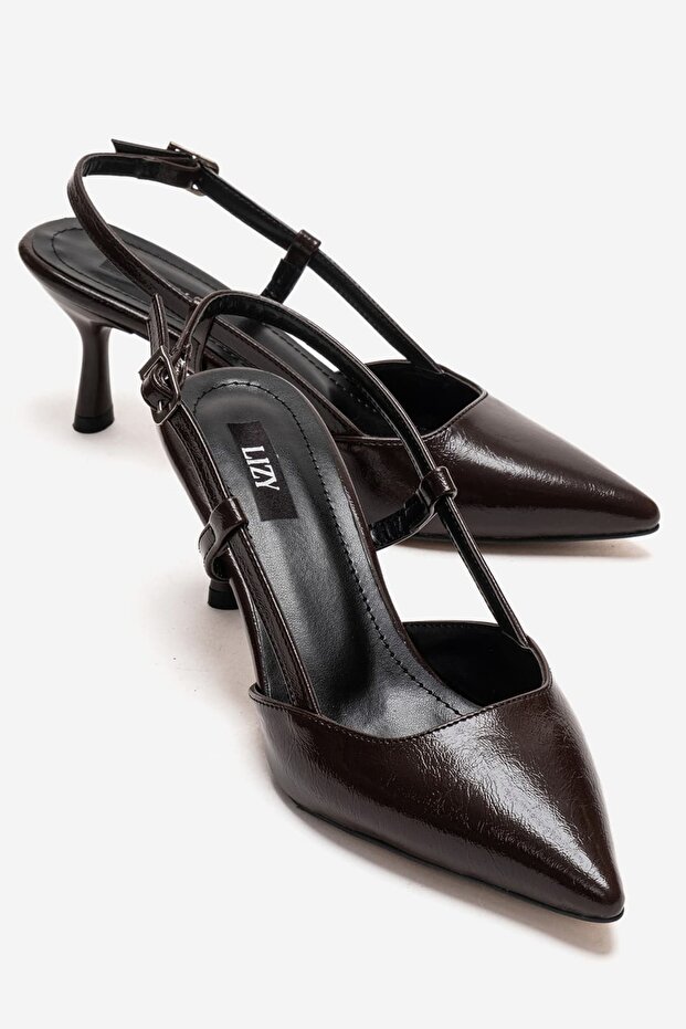 Women's Brown Thin Strap Pointed Toe Elegant Stylish Shoes 6 cm Heels