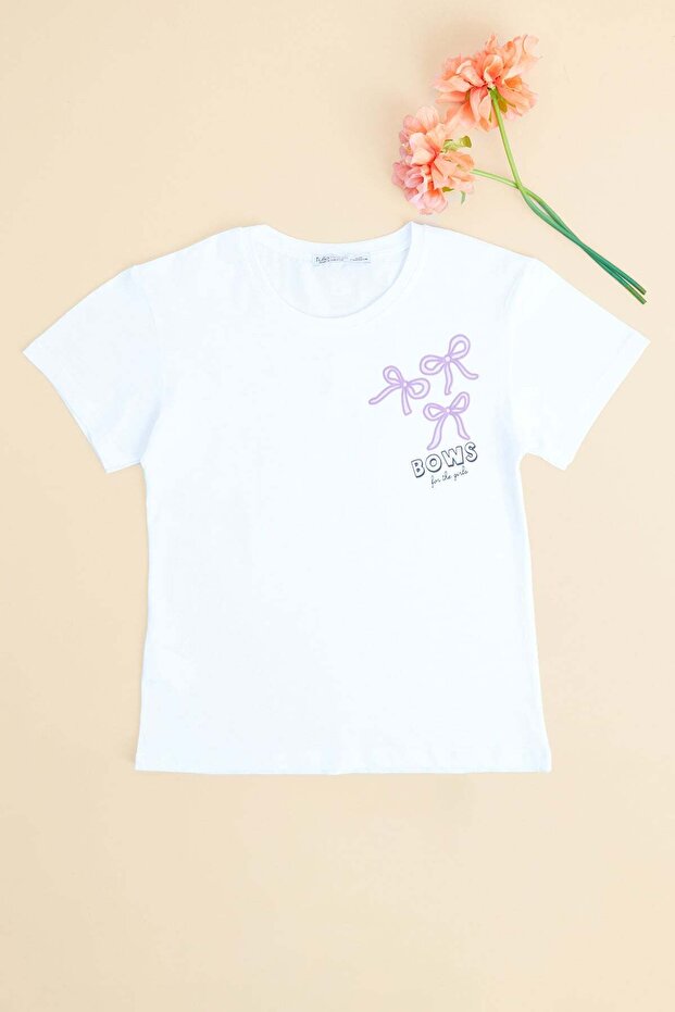 Bow Embroidered Crew Neck Girls' T-Shirt