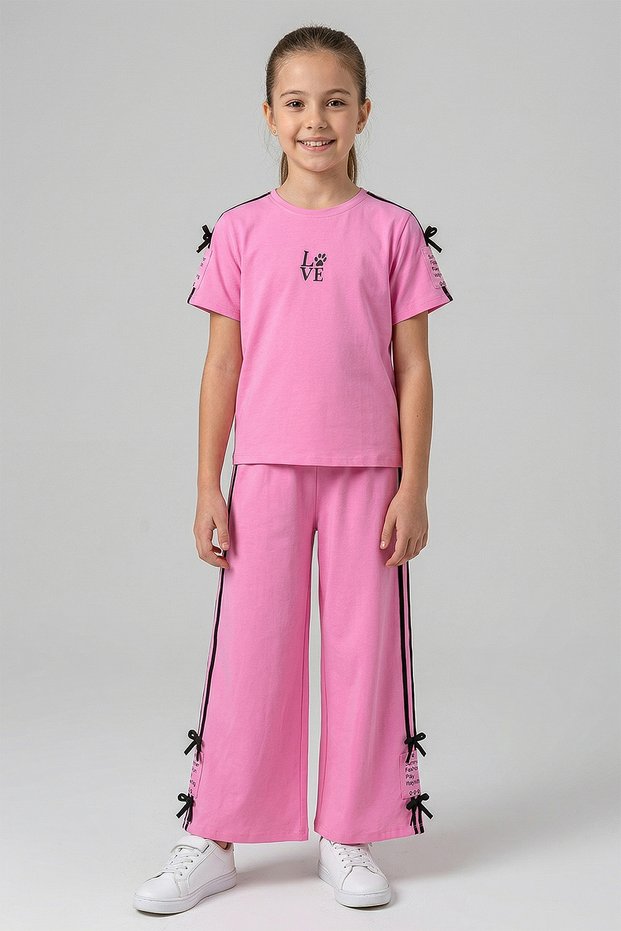 Bowknot Detailed Printed Wide Leg Girls' Two-Piece Set - 26Y 26206