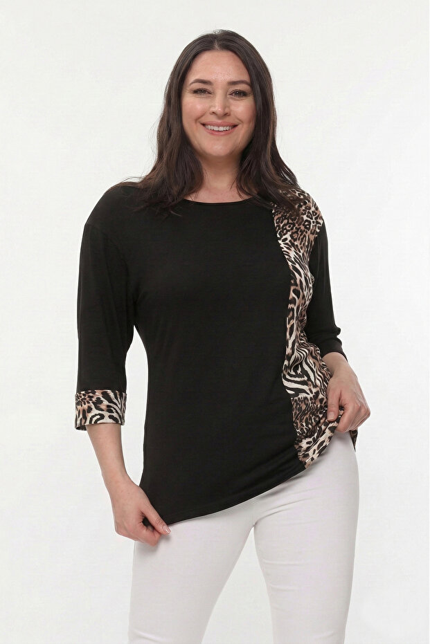 Plus Size Leopard Pattern Block Blouse - 1