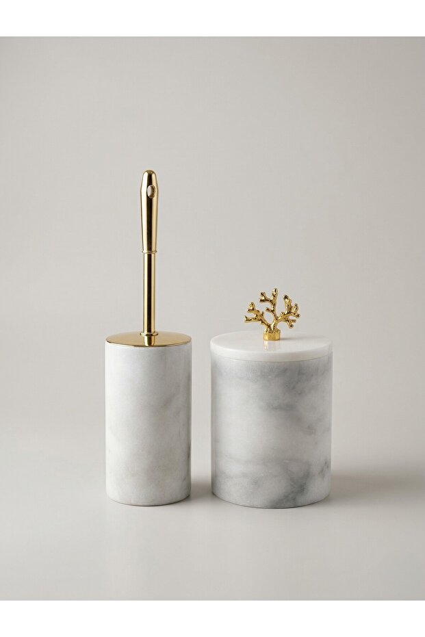 Natural Marble Trash Can and Toilet Brush Holder 2-Piece Gold Coral Set