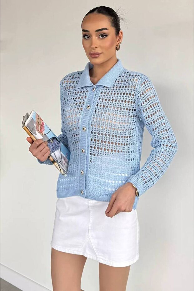 Polo Collar Openwork Front Buttoned Knitwear Cardigan