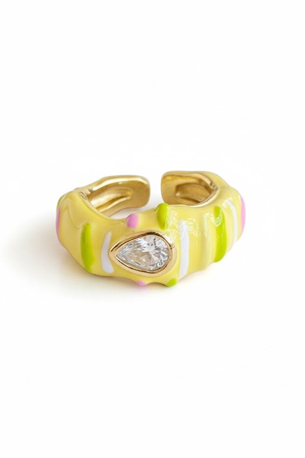 Yellow Color Enamel Adjustable Ring with Stone Detail