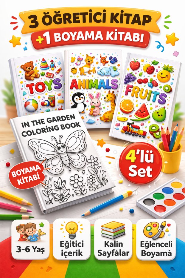 English Set of 4 Fruits, Animals, Toys, Coloring Book