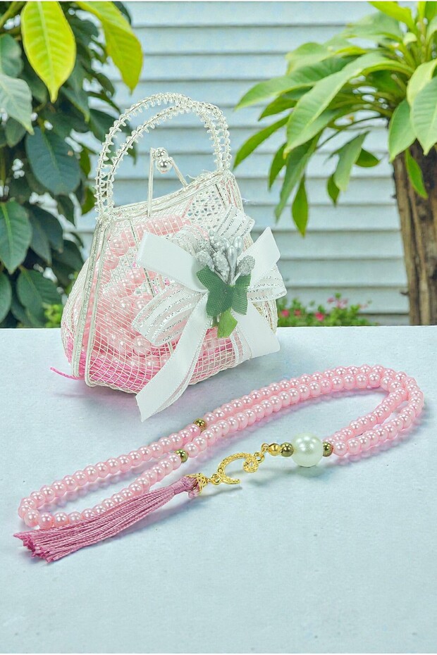 Mevlüt Gift Set with Silver Mini Bag and Pearl Prayer Beads - Pink