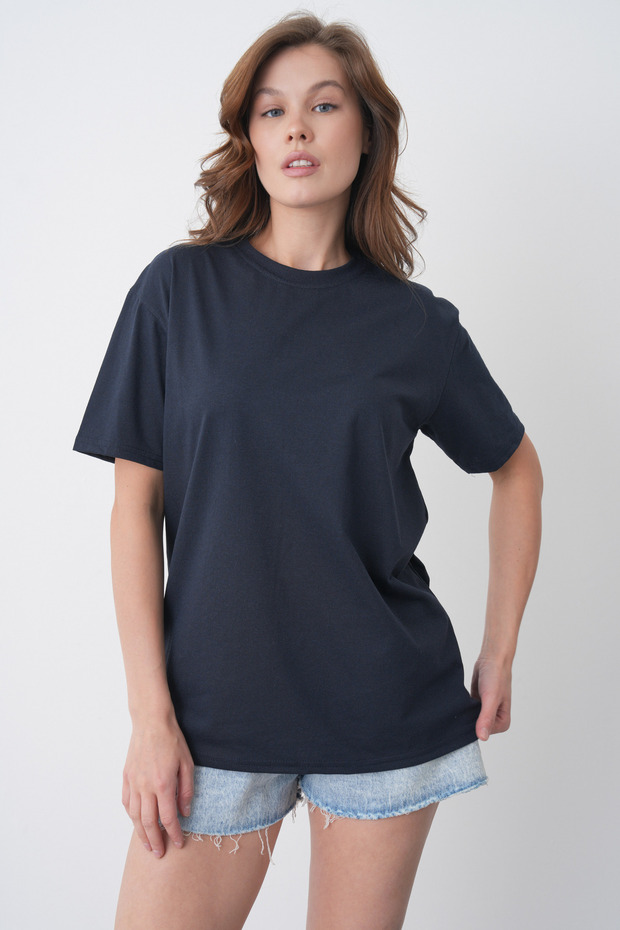 Women's Round Neck Short Sleeve Navy Blue T-Shirt