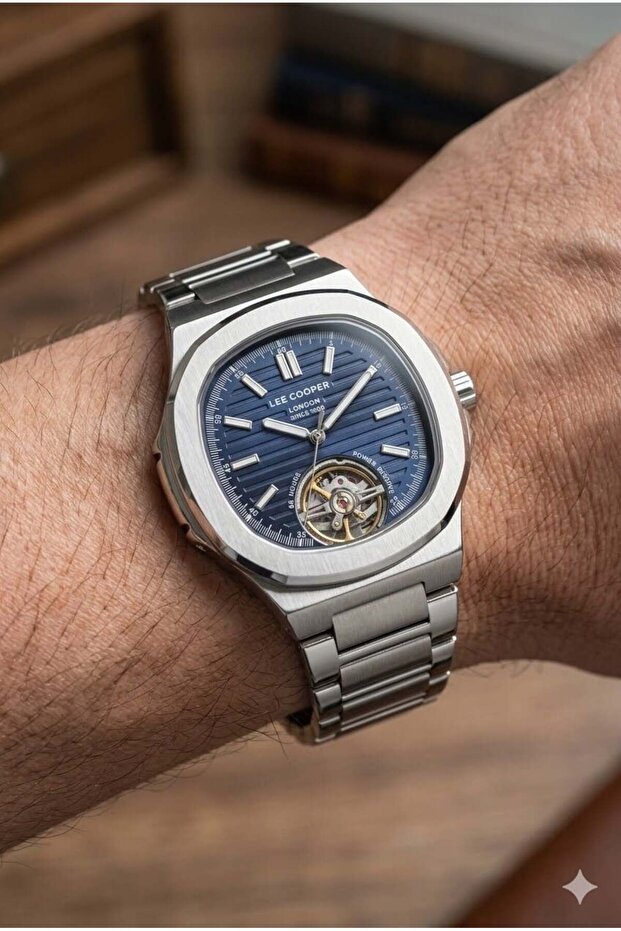 Automatic Mechanism Men's Wristwatch | 42mm Steel Case, Silver Steel Band, Blue Dial