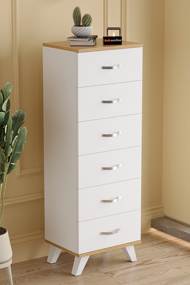 Aeka AE-3038 Belinda 6 Çekmeceli Beyaz Çam Şifonyer Komodin 132*45*36 cm