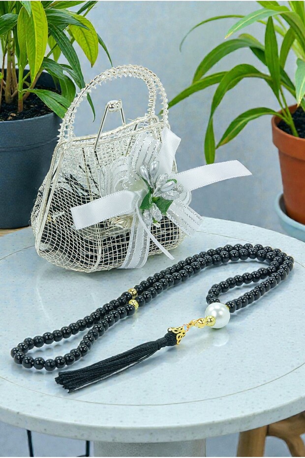 Mevlüt Gift Set with Silver Mini Bag and Pearl Prayer Beads - Black