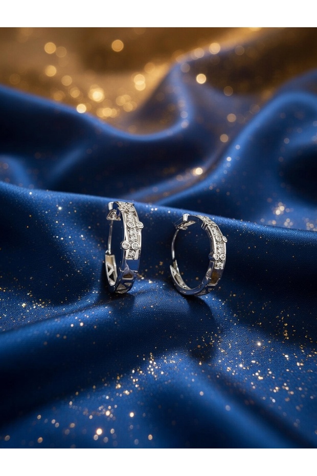 Silver Color Zircon Stone Stylish Hoop Design Steel Earrings - Tarnish Resistant
