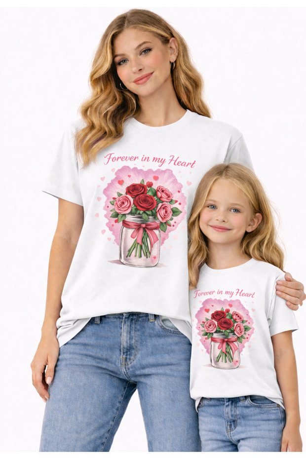 Mother-Daughter Matching Oversize T-Shirt – Mother & Child Twin T-Shirt with Flower Girl Print (Single Price)