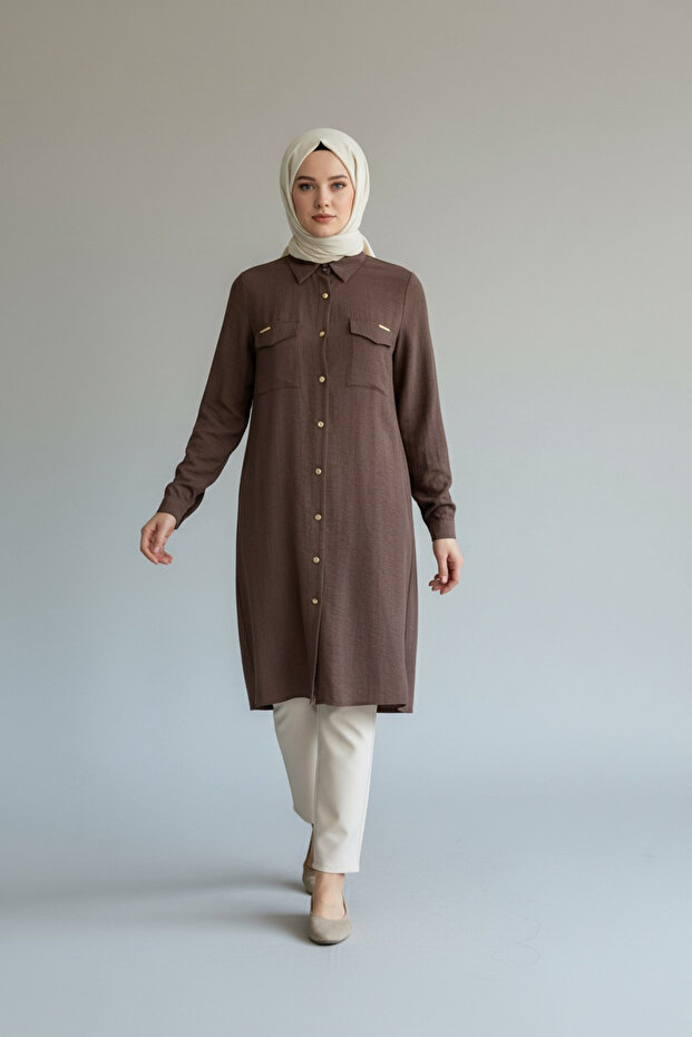 Women's Long Shirt with Metal Button Front Pocket Detail