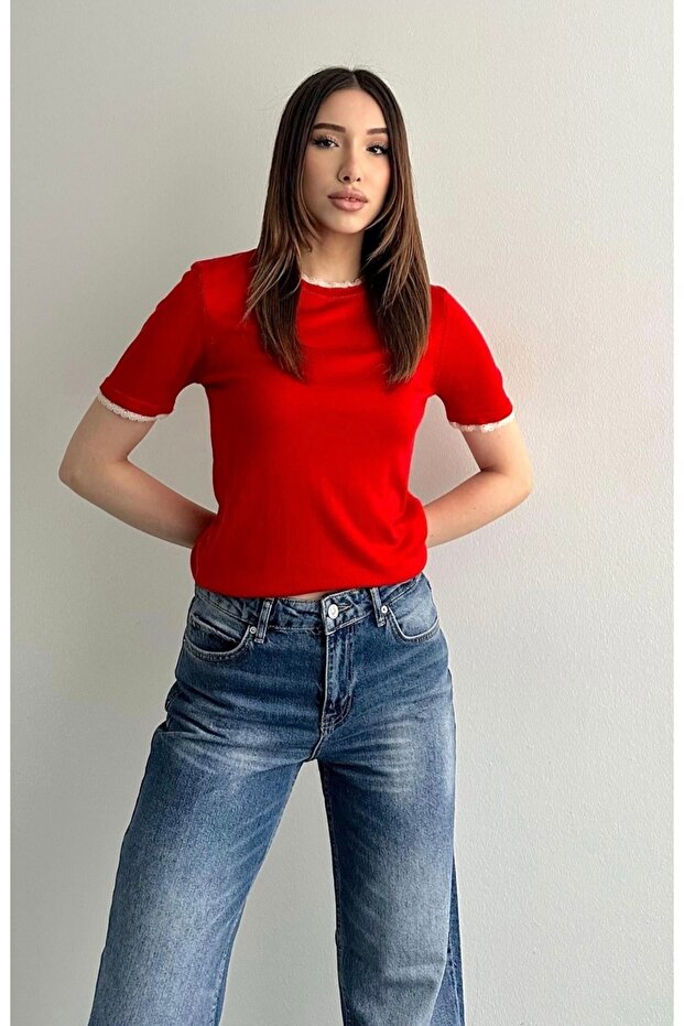 Lace Detail Short Sleeve Viscose Knitwear