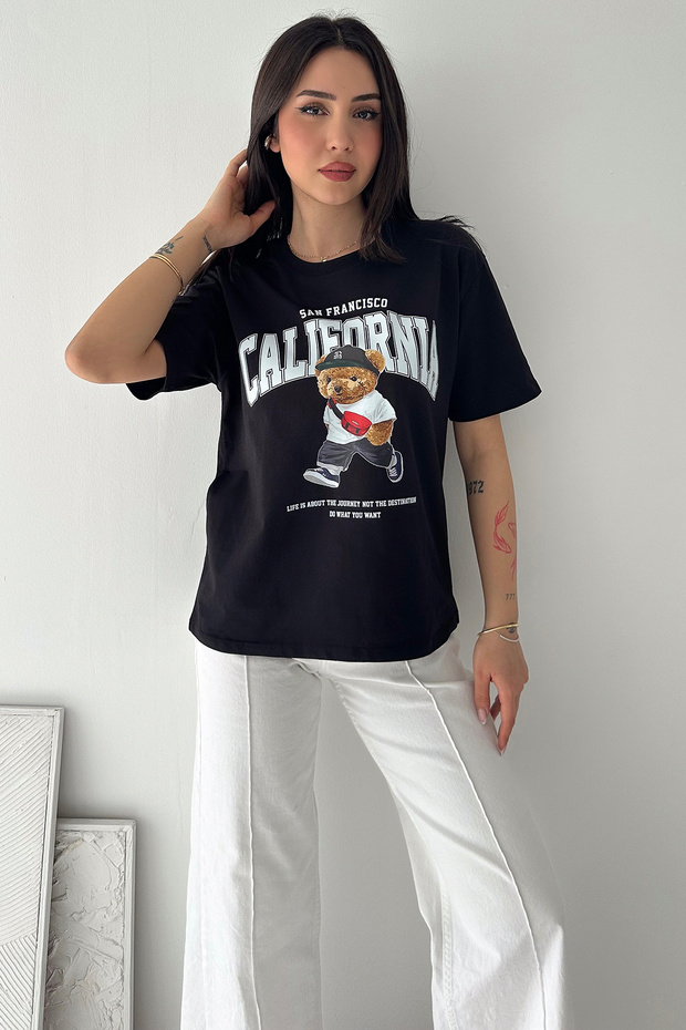Women's California Printed Oversize T-Shirt – with Teddy Bear Figure