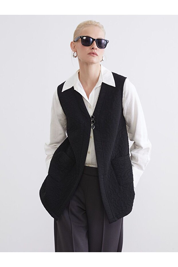 Lcw Grace Black V-Neck Self Pattern Women's Vest