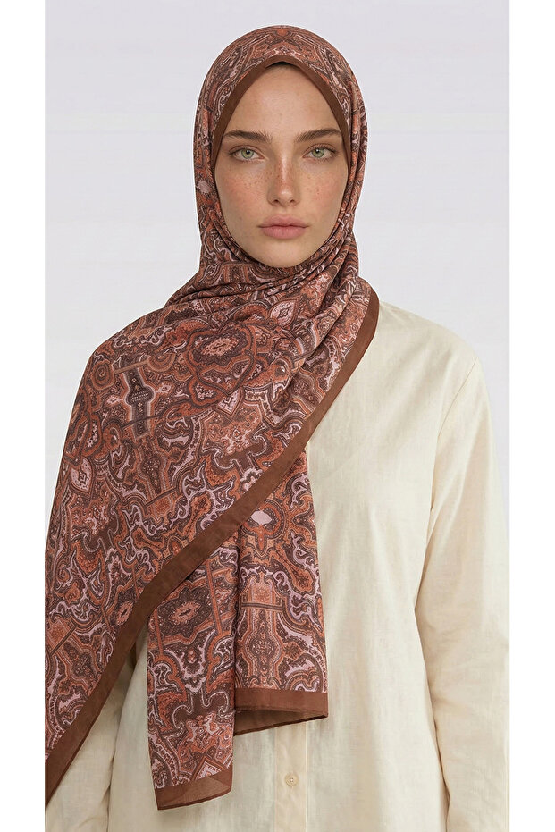 Lara Motif Patterned Cotton Shawl - Cream / Lila