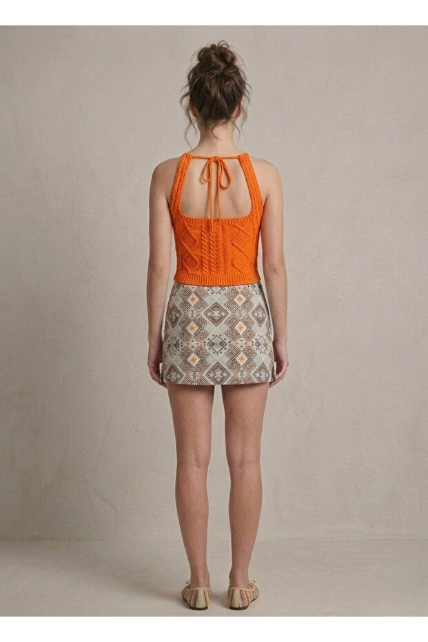 Kadın Triko Örme Halter Yaka Crop Bluz - 3