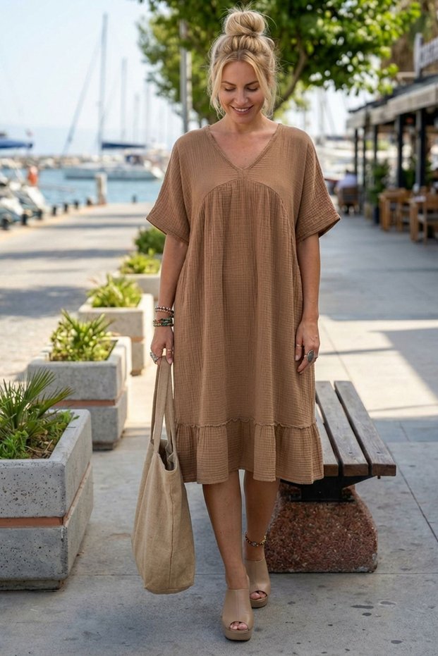 Dark Beige V-Neck Short Sleeve Skirt Ruffled Casual Muslin Wide Cut Woven Dress 106 75