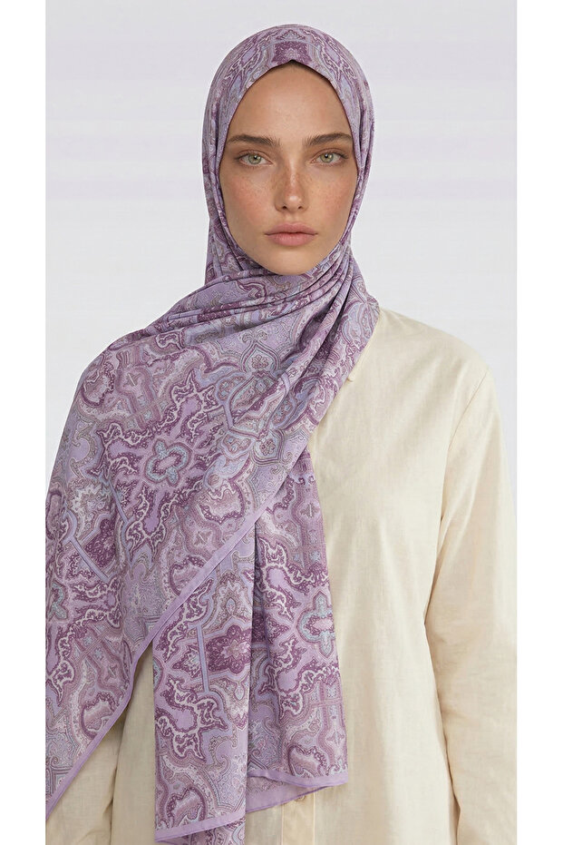 Lara Motif Patterned Cotton Shawl - Purple / Lila