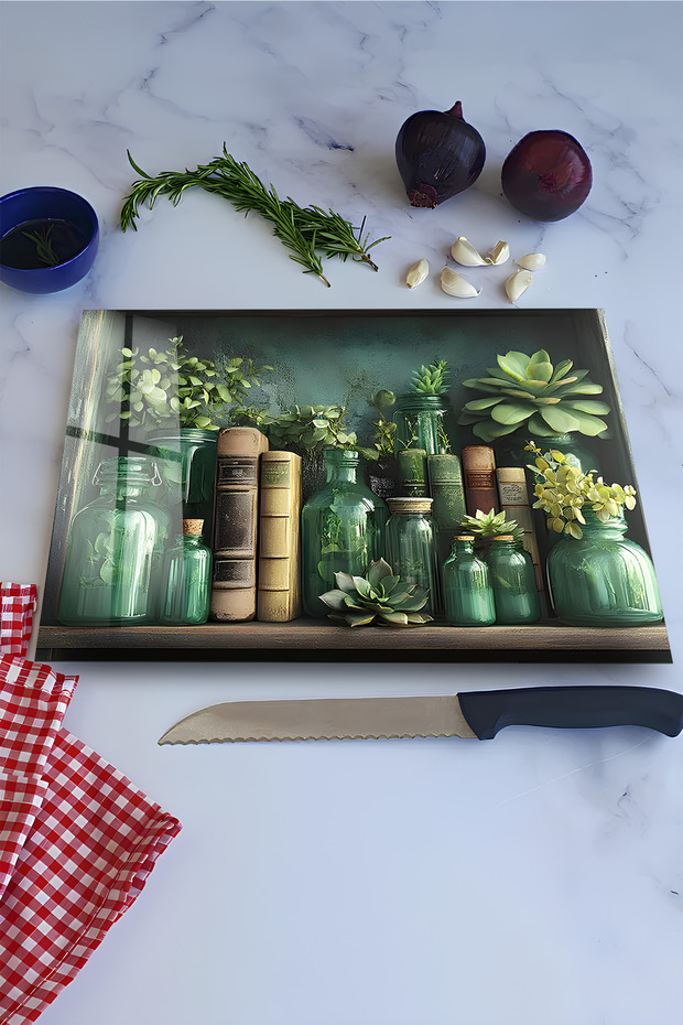 Green Glass Bottles and Succulent Plant Tempered Glass Cutting Board 30X40 cm Size Uv Printing - Bckt067
