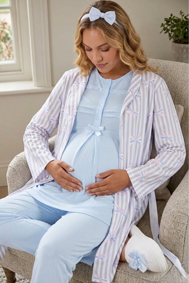 New Season Blue Striped Shawl Collar Summer Buttoned Design Short Sleeve Maternity Dressing Gown Pajama Set Set