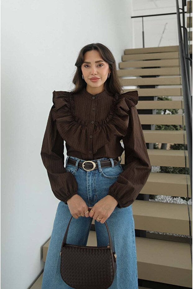 Brown Muni Shirt with Ruffle Detail on the Front
