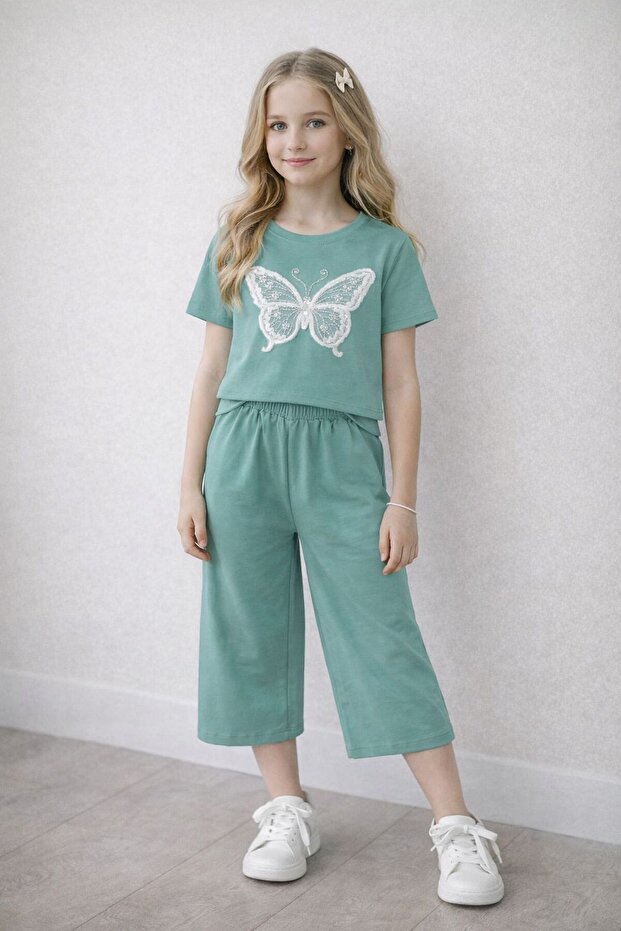 Girl's Butterfly Embroidered Set, Cotton Summer Stylish and Comfortable 2-Piece Set
