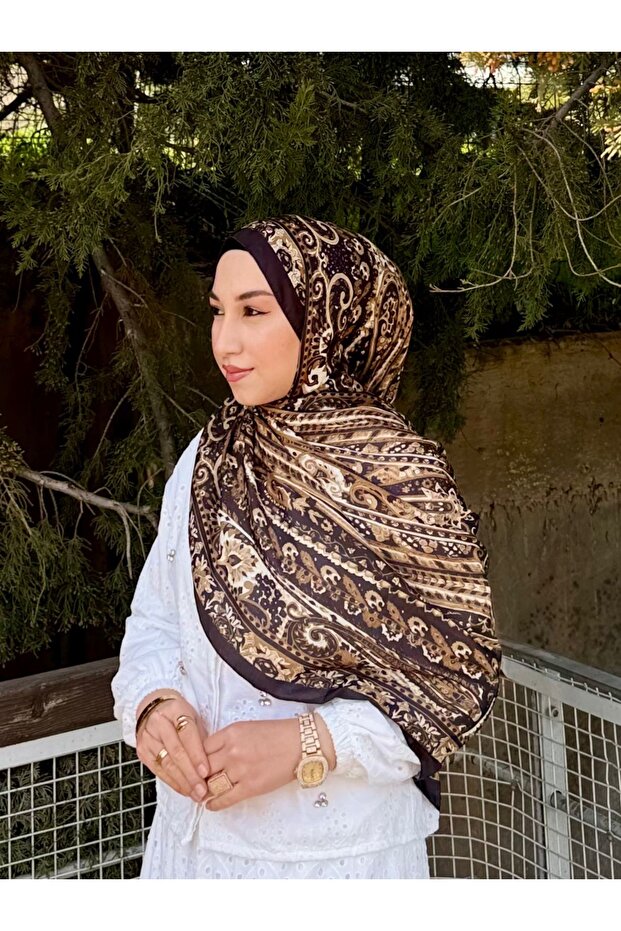 Mineşarpt Ethnic Patterned Shawl – Silk Textured, Non-Slip, Lightweight & Stylish for Daily and Special Use, Brown/Beige
