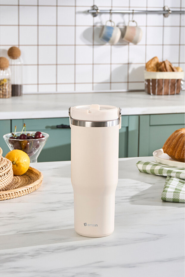 Star Ice Pipetli Çelik Sızdırmaz Termos Krem 900 ml