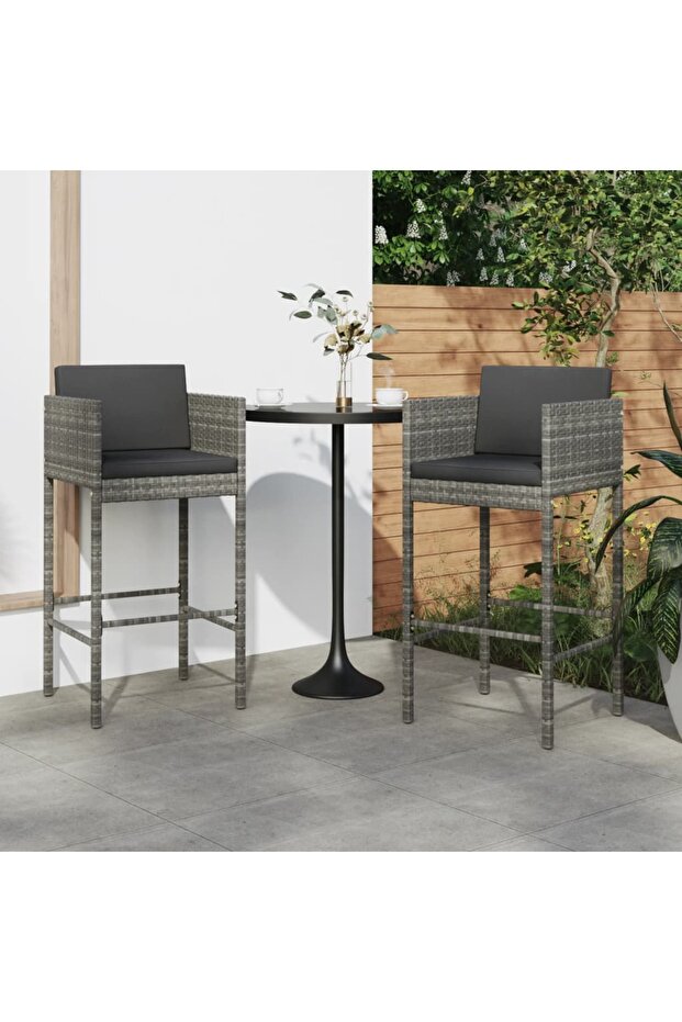 Bar Stools 2 pcs with Cushions Grey Poly Rattan