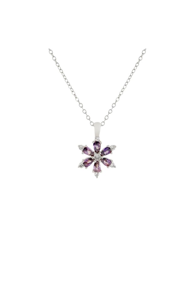Non Tarnish Steel Purple Stone Flower Pendant Elegant Silver Color Women's Necklace
